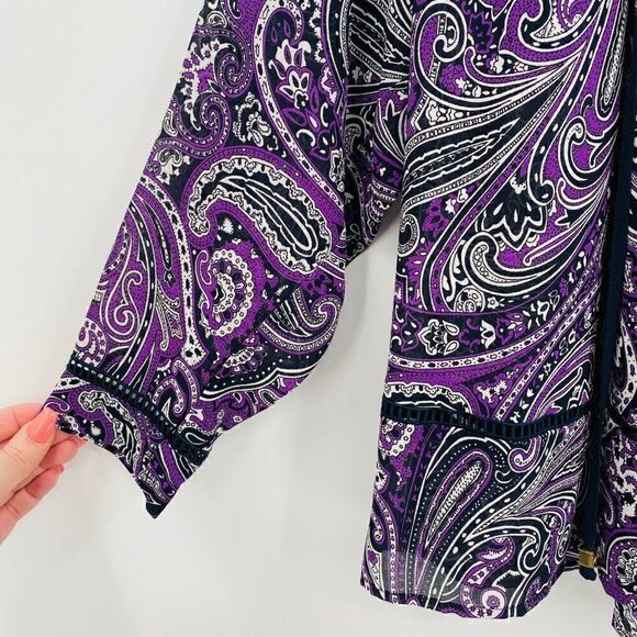 Michael Kors Size Small Purple Paisley Print Sheer Tassel Career Popover Blouse - Picture 4 of 7